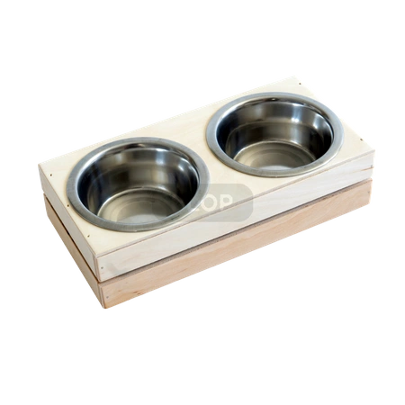 Drewniana jadalnia z metalowymi miseczkami 2x220ml dla małych zwierząt