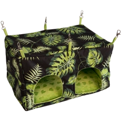 Podwójny, usztywniany domek z wodoodporną poduchą czarny w liście dla kilku świnek