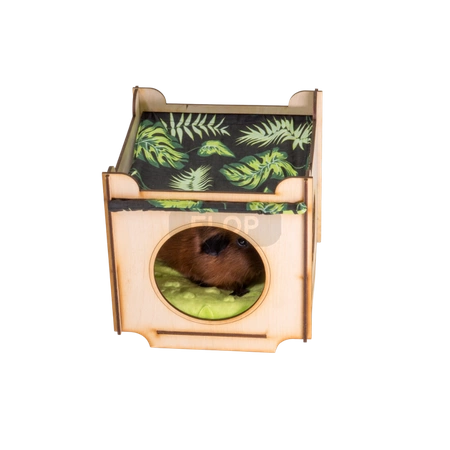 Domek z dachem - hamakiem i mięciutką poduchą w liście na czarnym tle dla małych zwierząt domowych