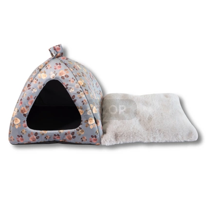 Wielka, przytulna, welurowa budka iglo dla świnek morskich z puszystą poduchą szara w kolorowe łapki