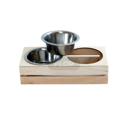 Drewniana jadalnia z metalowymi miseczkami 2x220ml dla małych zwierząt