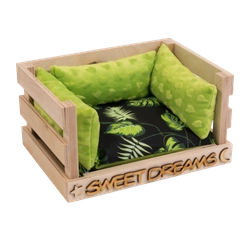 Ażurowe legowisko z wodoodporną poducha w liście na czarnym tle i mini podusiami dla świnek morskich