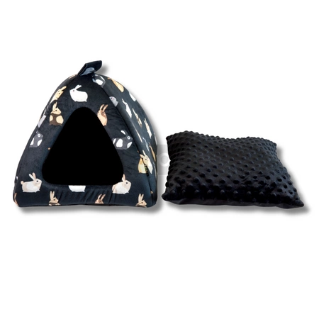 Wielka, przytulna, czarna, welurowa budka iglo - domek dla świnek - w króliczki z puszystą poduchą