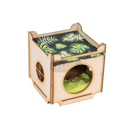 Domek z dachem - hamakiem i mięciutką poduchą w liście na czarnym tle dla małych zwierząt domowych